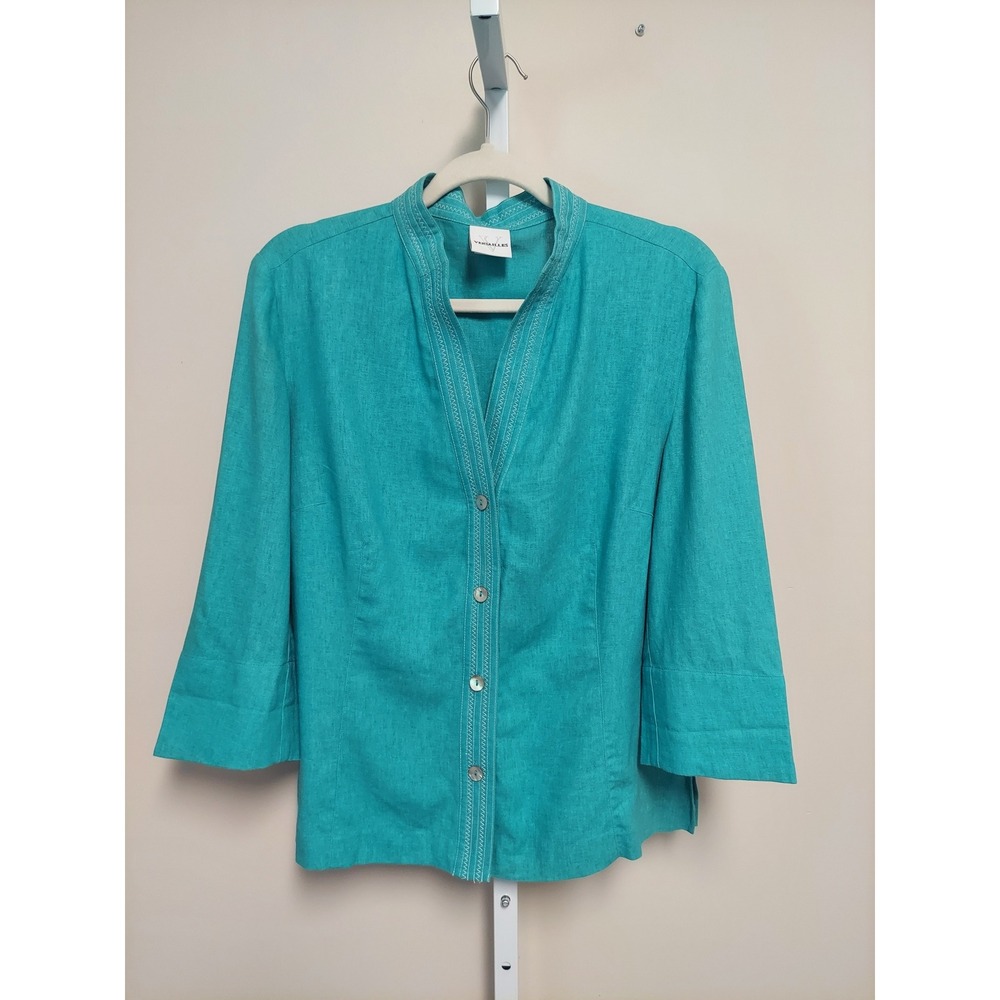 Versailles Turquoise Linen Blend Mandarin Collar Button‎ Down Shirt Womens 12